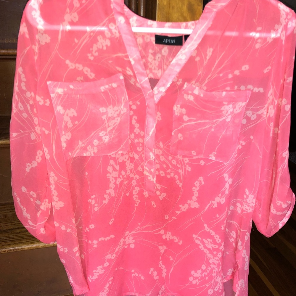 Pink 3/4 sleeve sheer top with camisole underneath